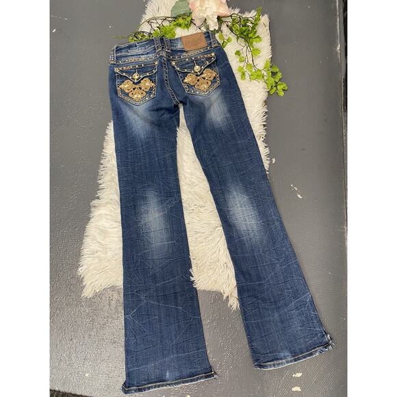LA Idol Denim - LA Idol USA Western Cross Rhinestones Bling Denim Wash Crop Jeans Size 3 W28 L33